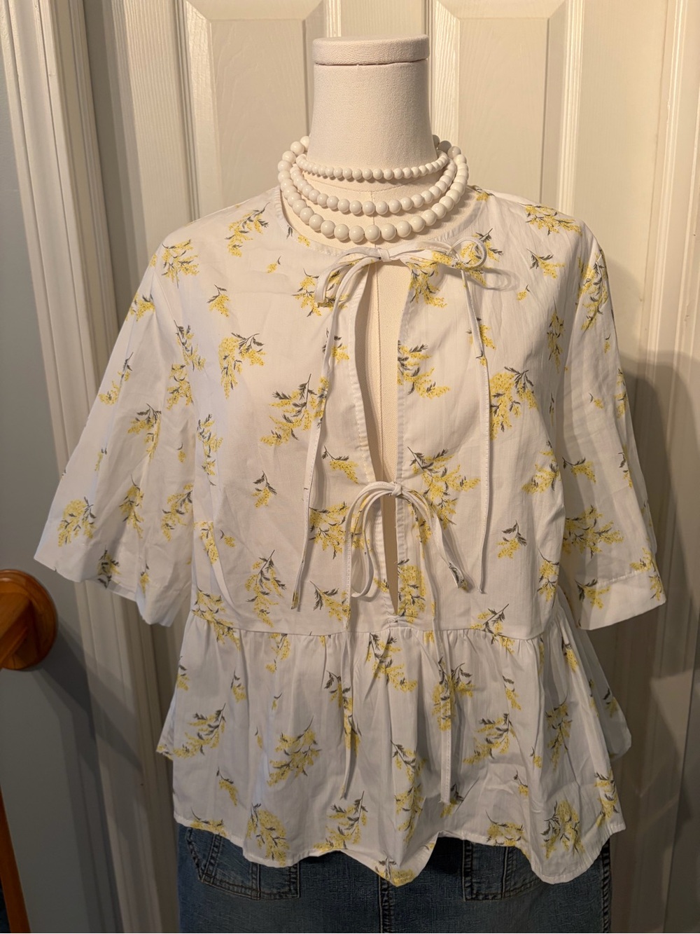 H&M White Floral Tie-Front Peplum Blouse with Yellow Print